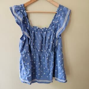 Old Navy Ruffled Babydoll Top Size Large Blue Embroidered Cottage